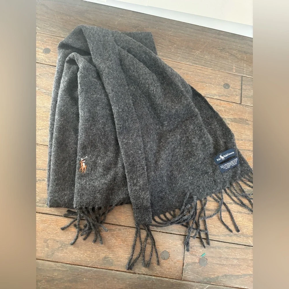 Polo Ralph Lauren Scarf 100% Lambswool Charcoal Gray Classic Preppy Minimalist